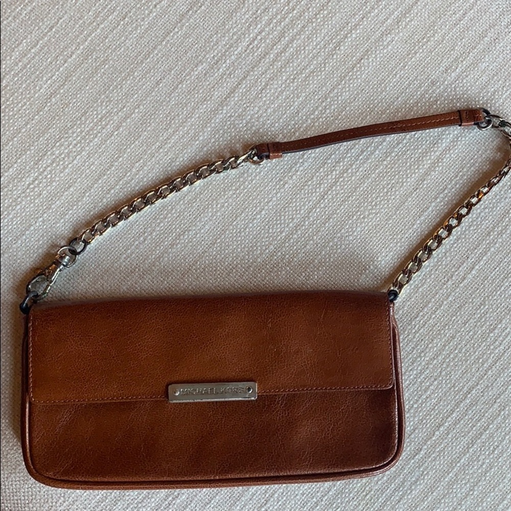 Michael Kors brown leather clutch w chain